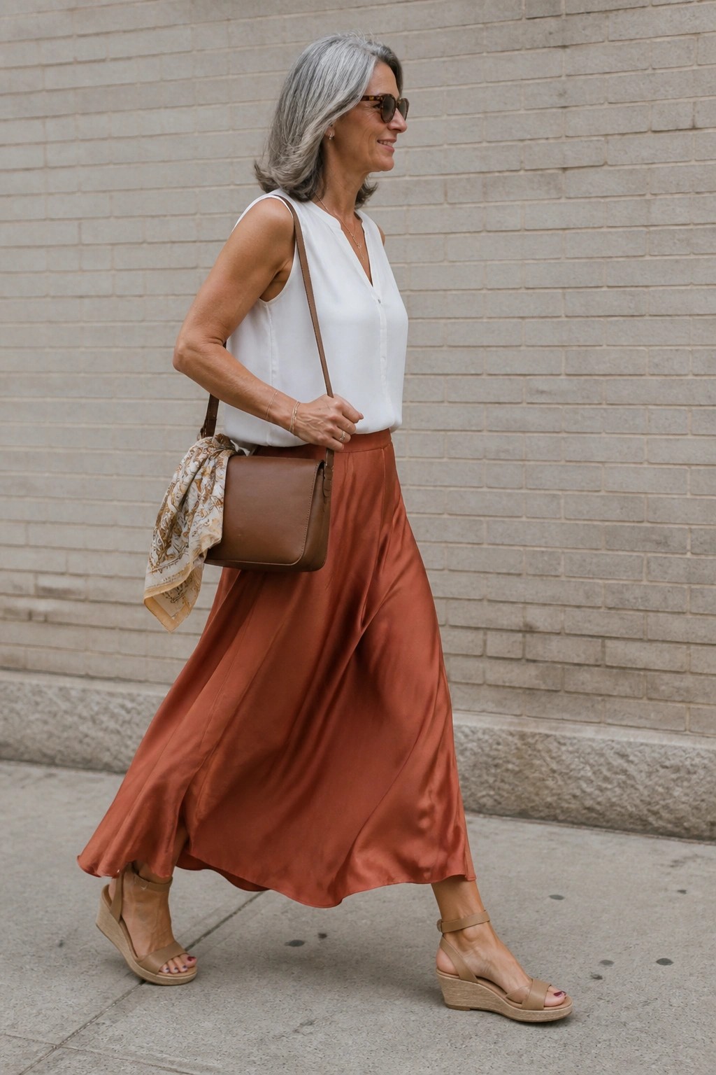 Gray-haired woman in white top and flowing rust satin skirt with brown bag and wedges.