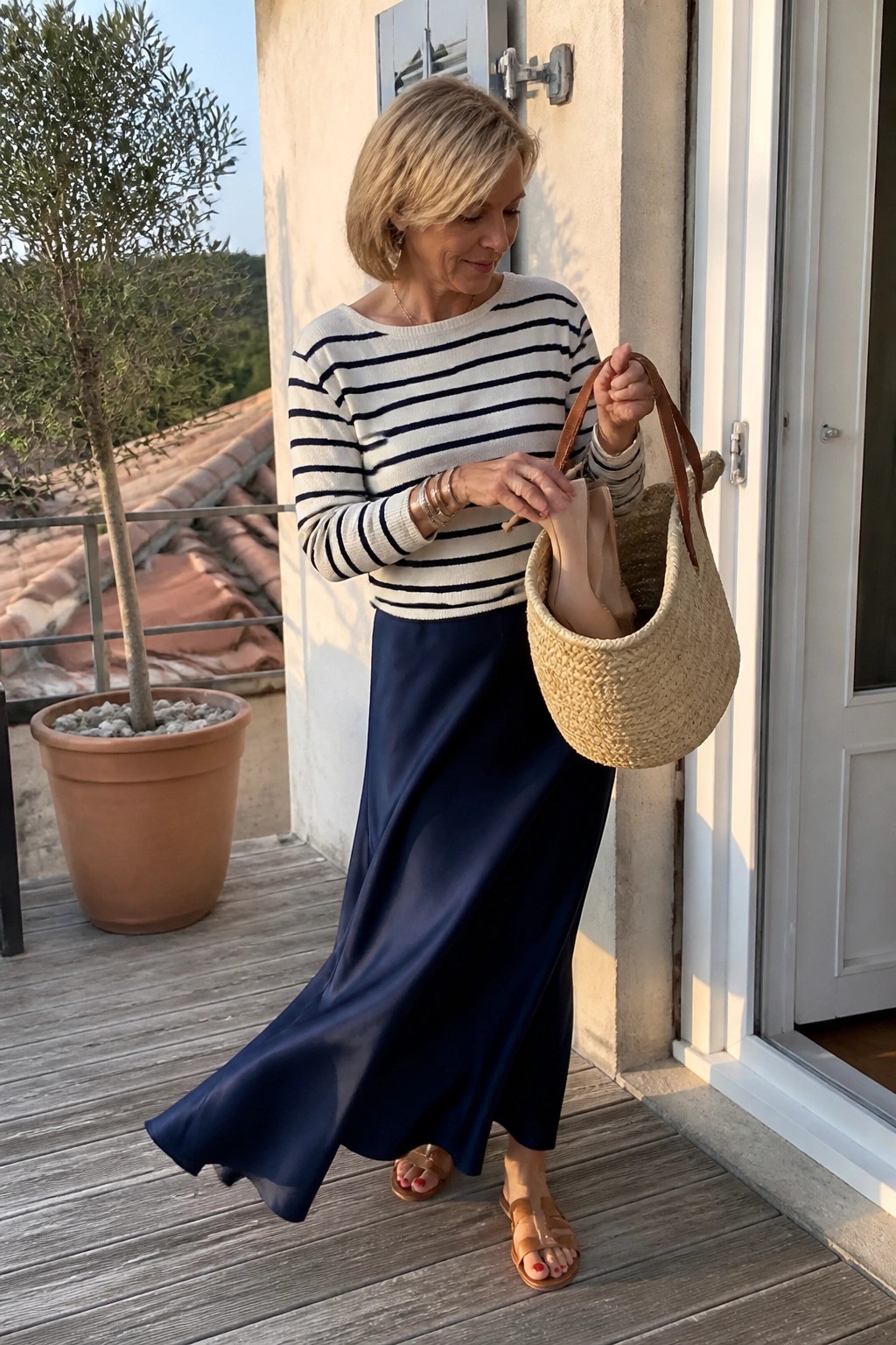 Blonde woman in striped sweater and navy skirt holds straw bag on sunny balcony