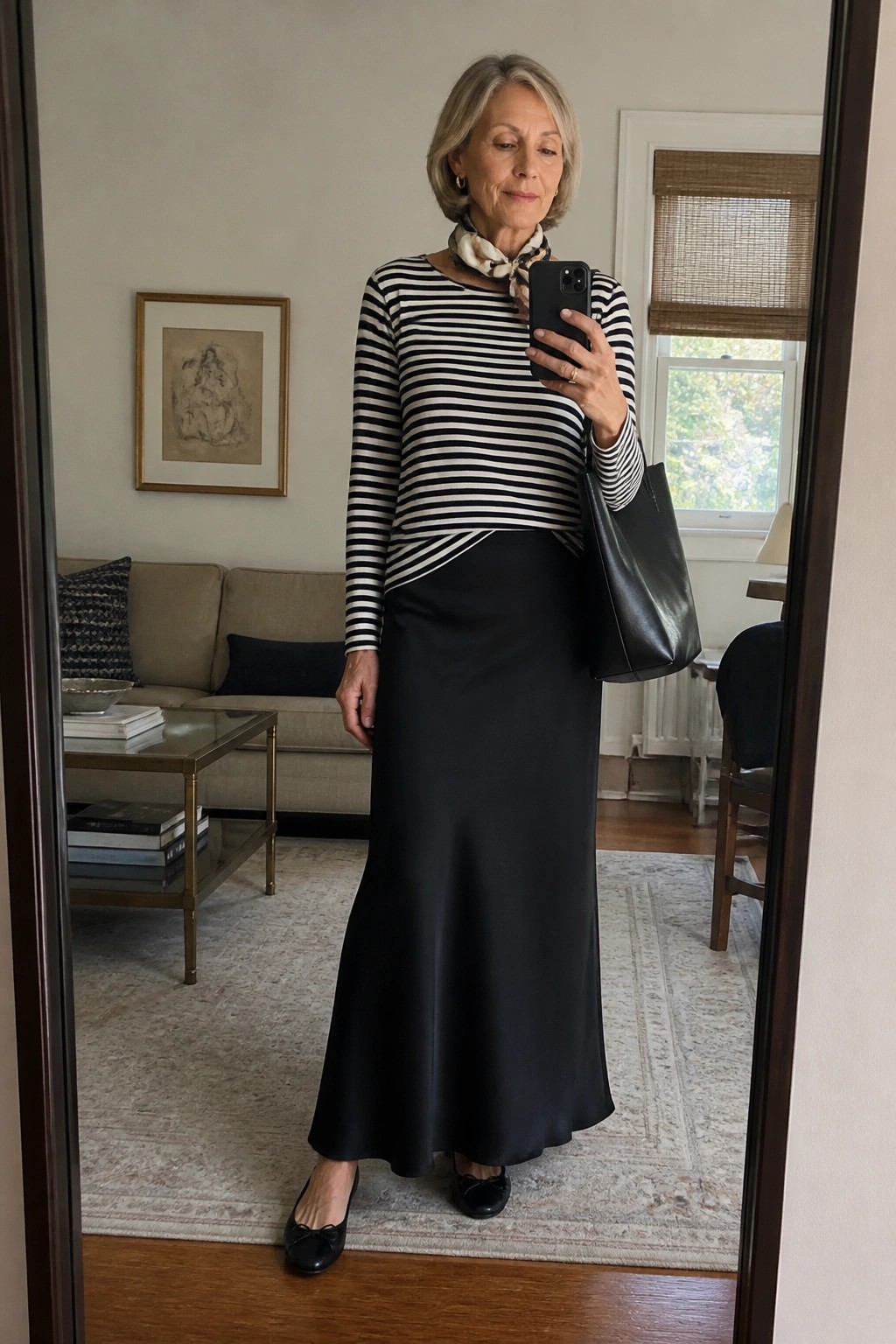 Gray-haired woman in striped top and long black skirt taking mirror selfie in living room