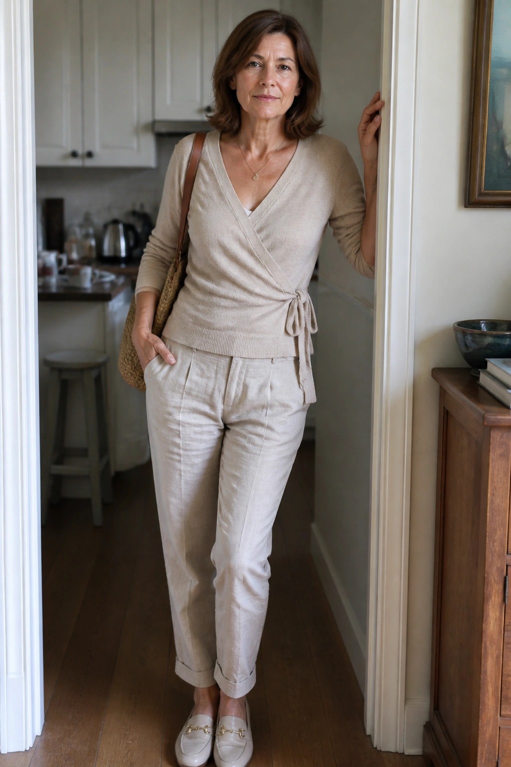 Woman in beige wrap sweater and linen pants standing in home doorway