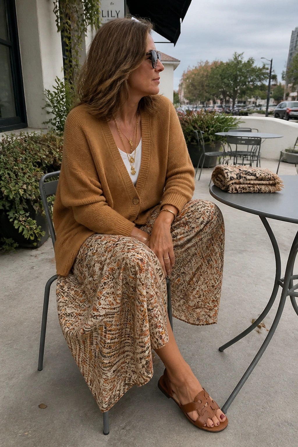 Woman in mustard cardigan and patterned pants seated at outdoor cafe table