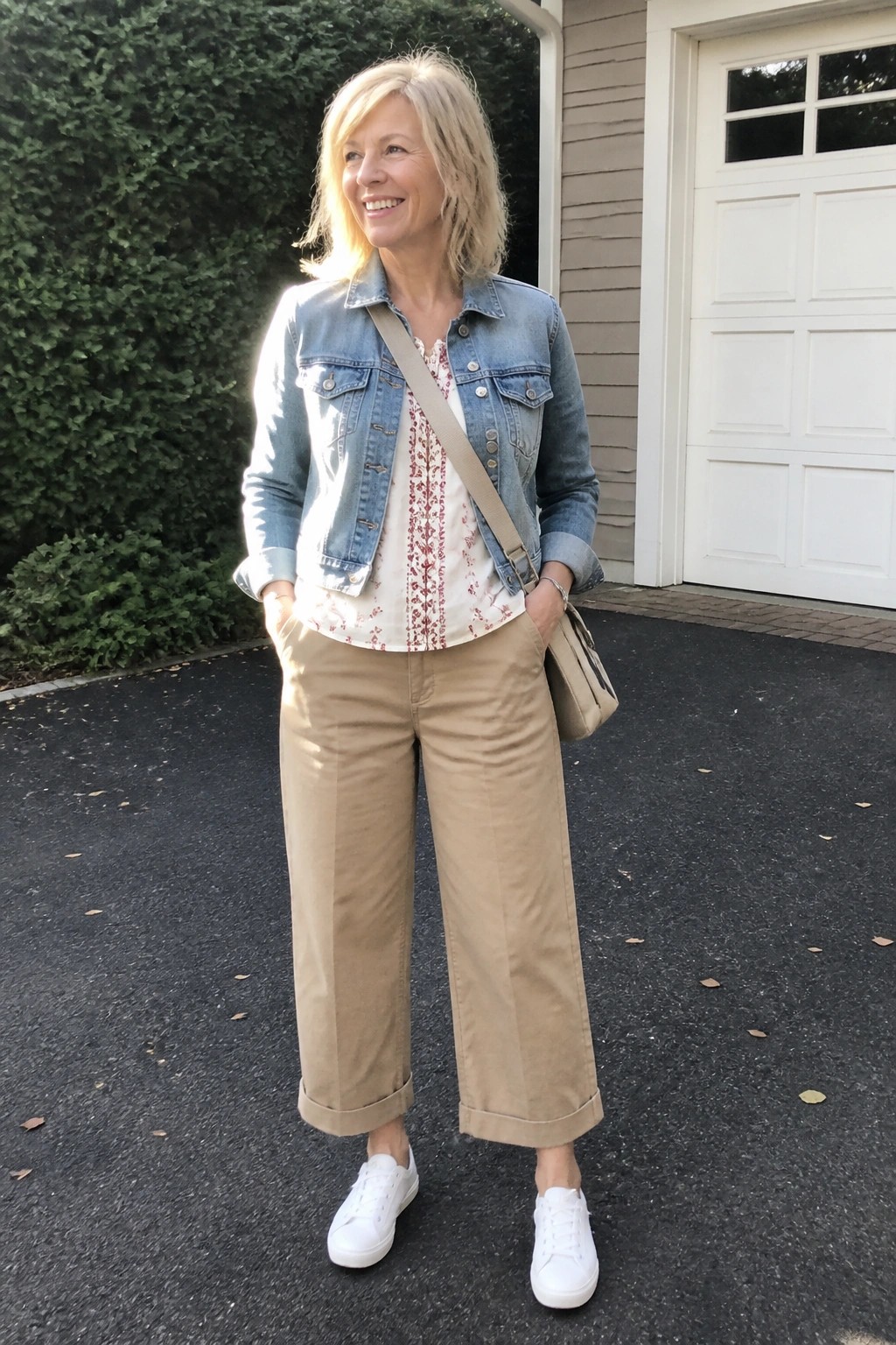 A woman over 50 in a light denim jacket over a white blouse with red embroidery, paired with wide khaki culottes and white sneakers, with a beige crossbody bag.