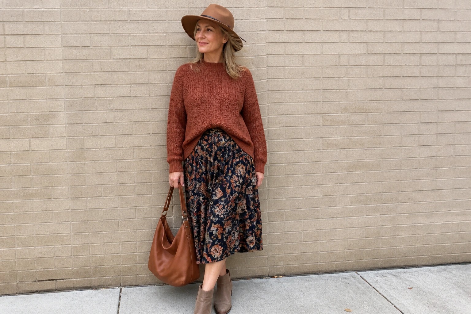 Woman in rust sweater and floral skirt with leather tote by brick wall