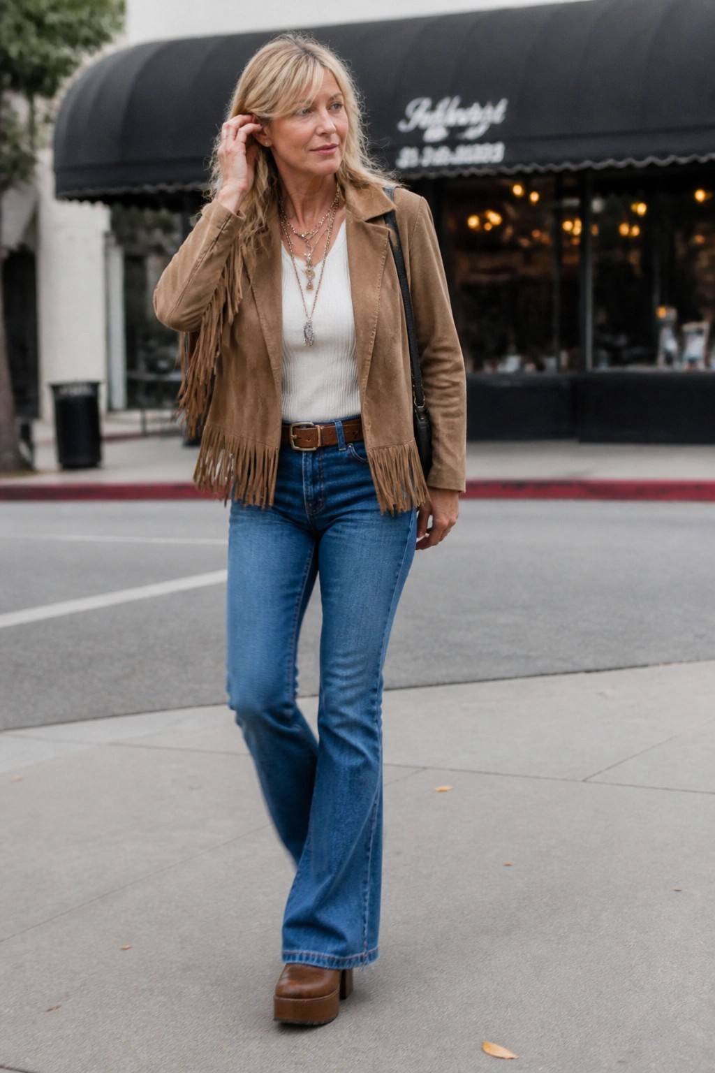 Blonde woman in fringed brown suede jacket, white top, and flared blue jeans on sidewalk