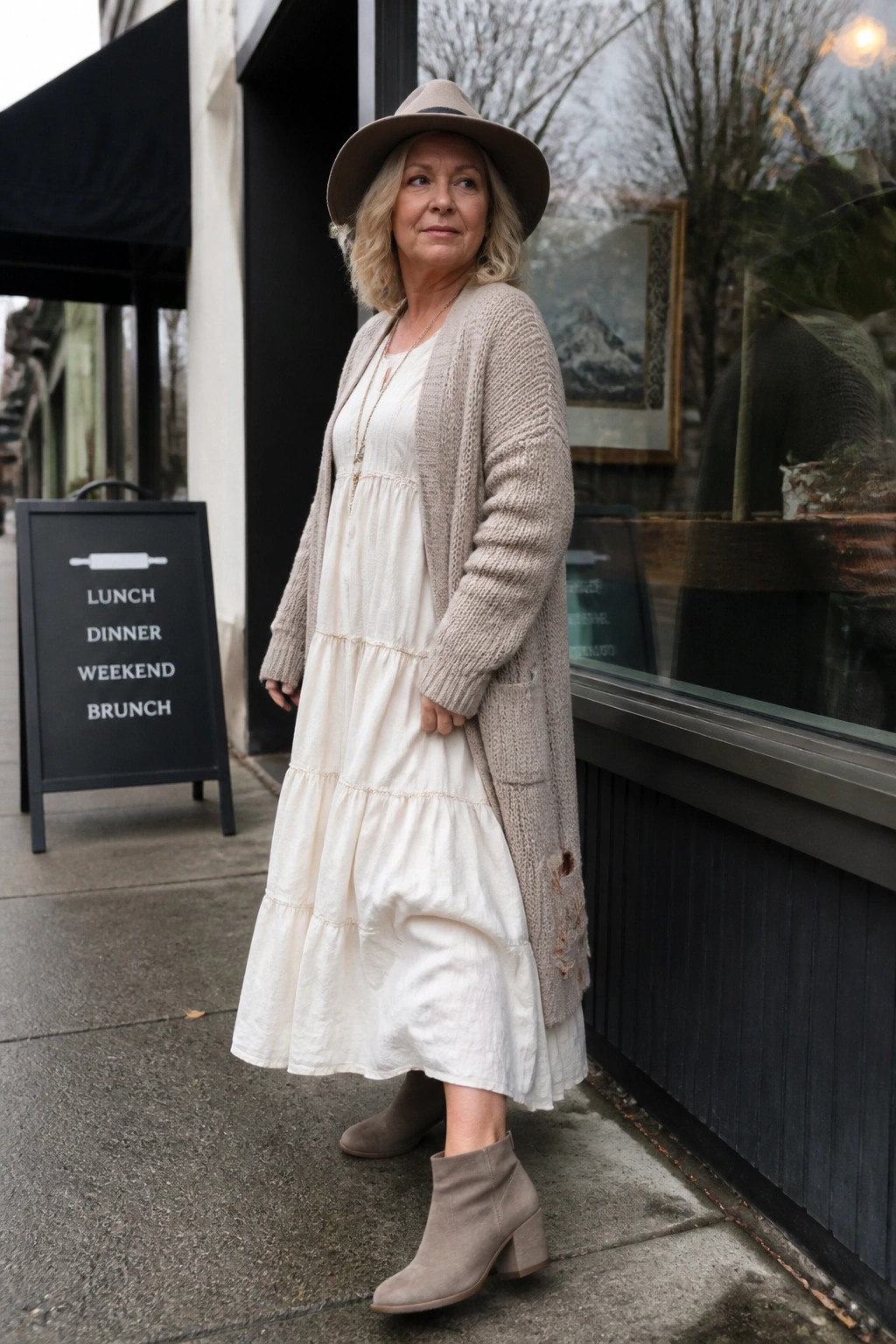 Woman in white tiered dress, beige knit cardigan, hat, and suede boots outside cafe