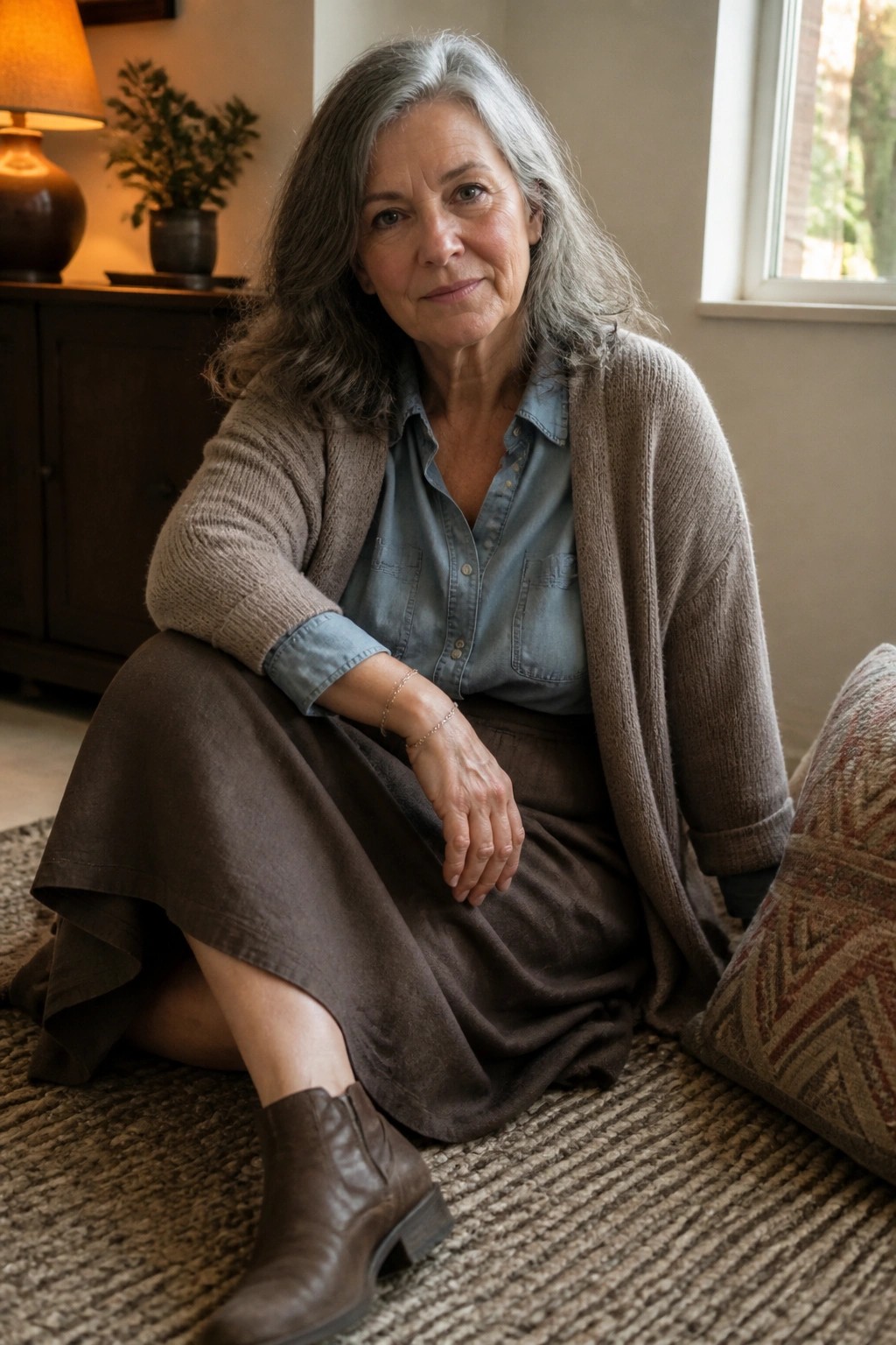 Woman with long gray hair in brown cardigan and skirt sitting on rug