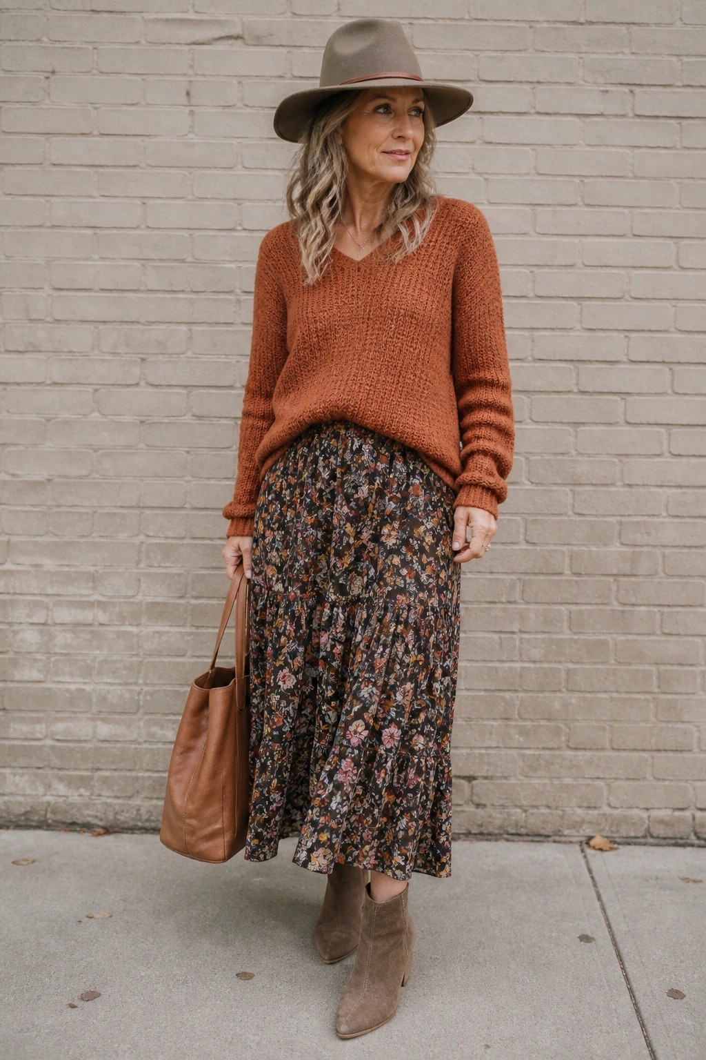 Woman in rust sweater and floral skirt with leather tote by brick wall
