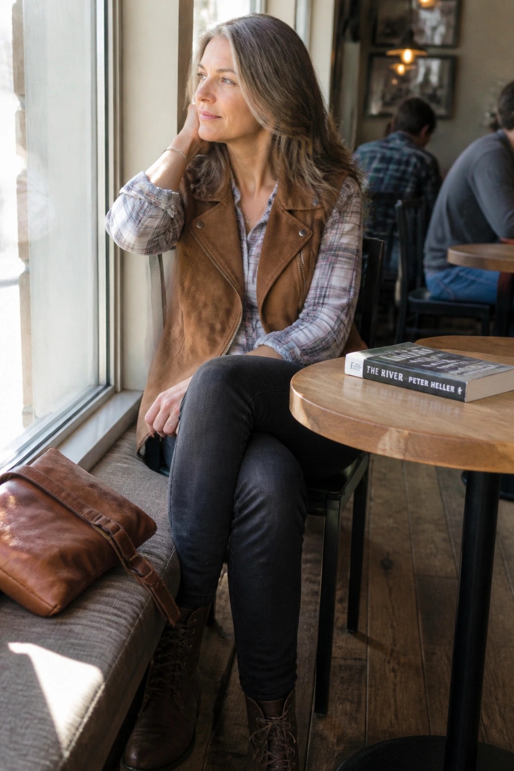 Woman over 50 wearing a brown suede moto vest over a plaid shirt with dark jeans and brown lace-up boots, seated by a window with a leather bag nearby.