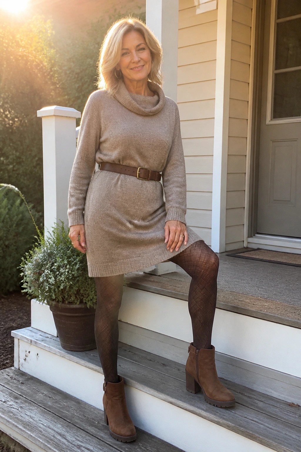 Blonde woman in beige sweater dress with belt, patterned tights, and brown boots on porch steps