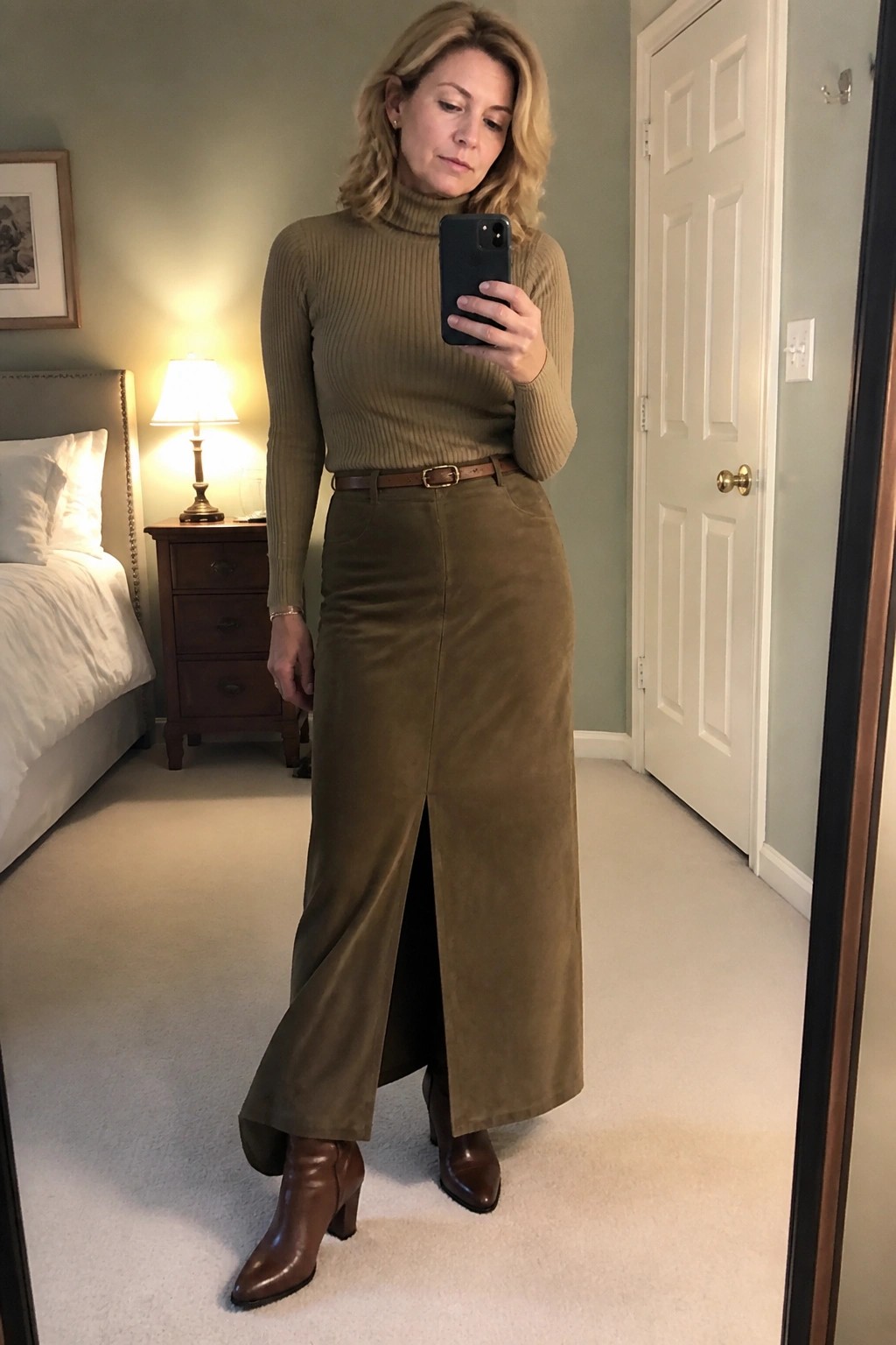 Woman in olive green turtleneck and suede midi skirt taking bedroom mirror selfie
