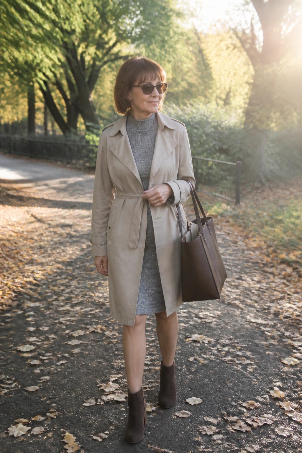 Woman in beige trench coat and gray dress holding brown bag amid autumn leaves