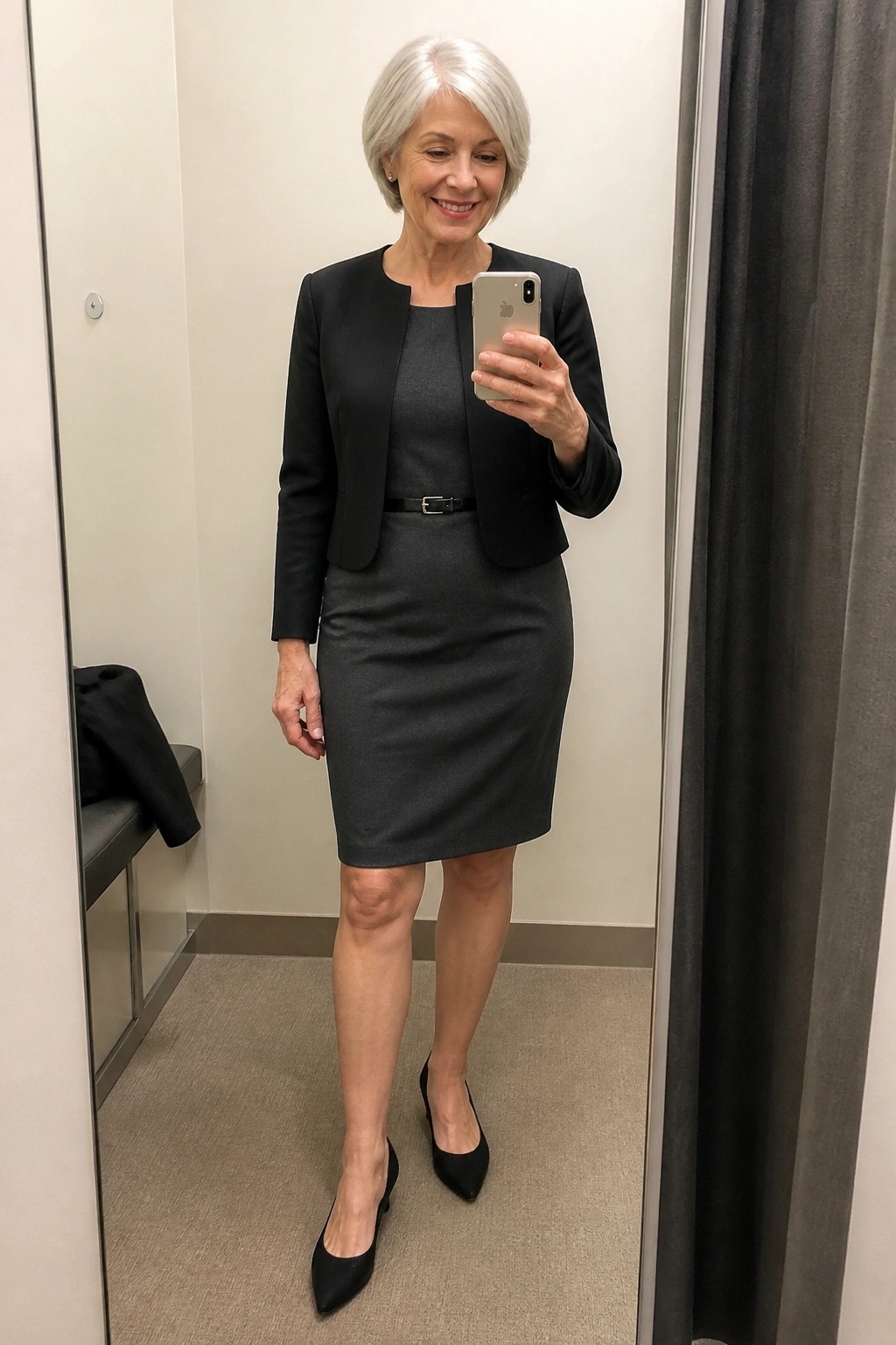 Woman with short gray hair in black blazer and gray dress taking mirror selfie.