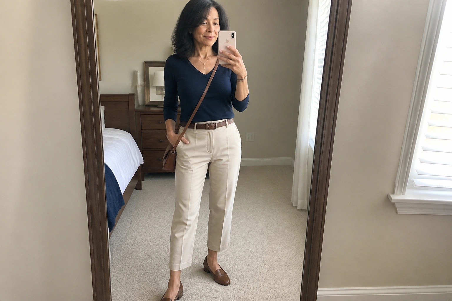 Woman over 50 wearing a navy V neck sweater tucked into high rise beige cropped trousers with brown belt brown loafers and crossbody bag in a bedroom mirror selfie