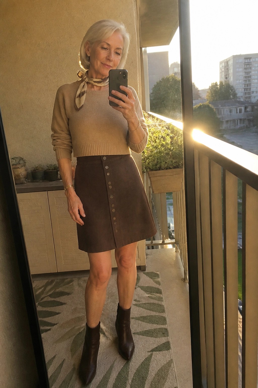 White-haired woman in beige sweater and brown skirt takes sunny balcony mirror selfie.
