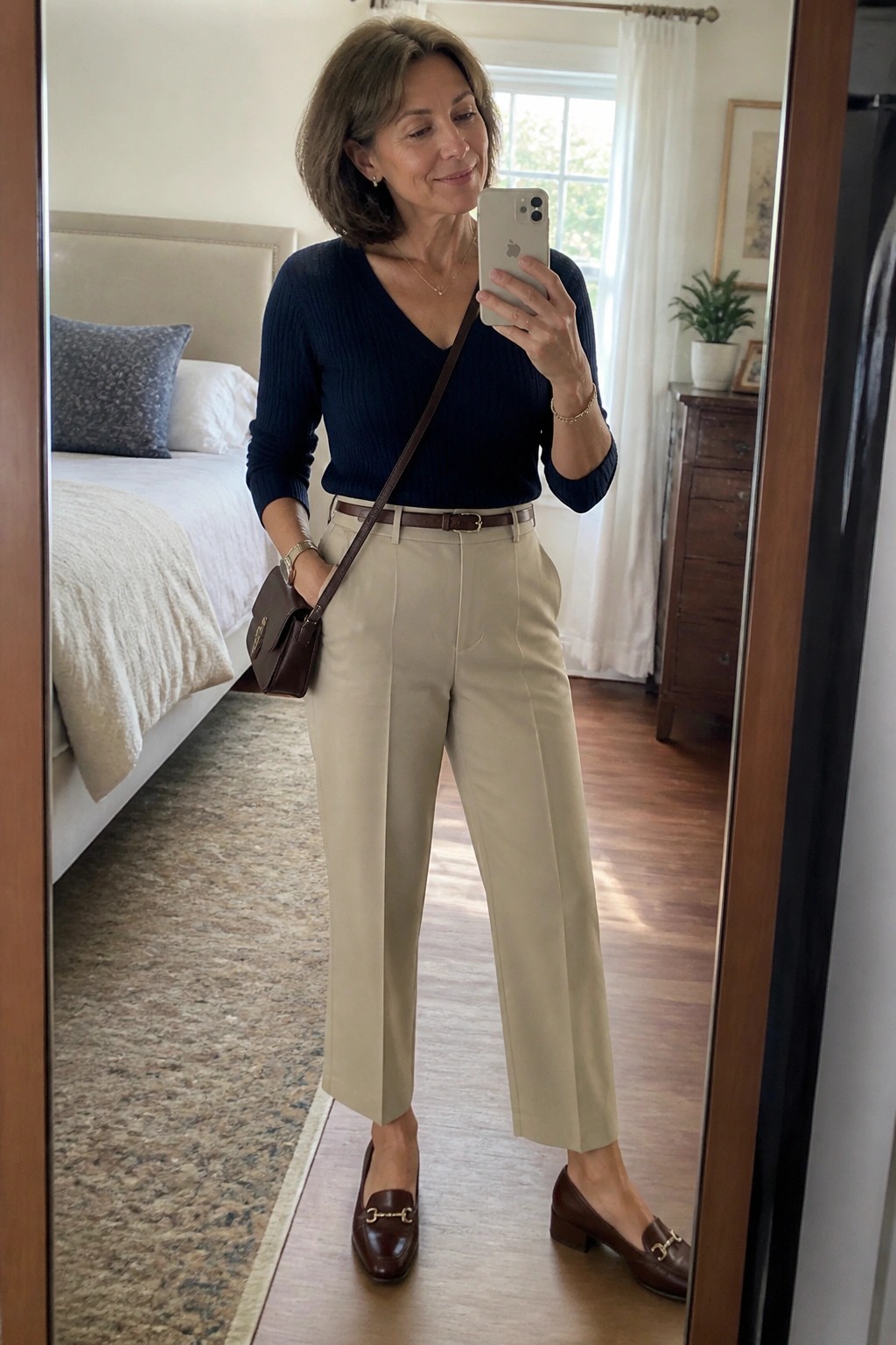 Woman over 50 wearing a navy V neck sweater tucked into high rise beige cropped trousers with brown belt brown loafers and crossbody bag in a bedroom mirror selfie