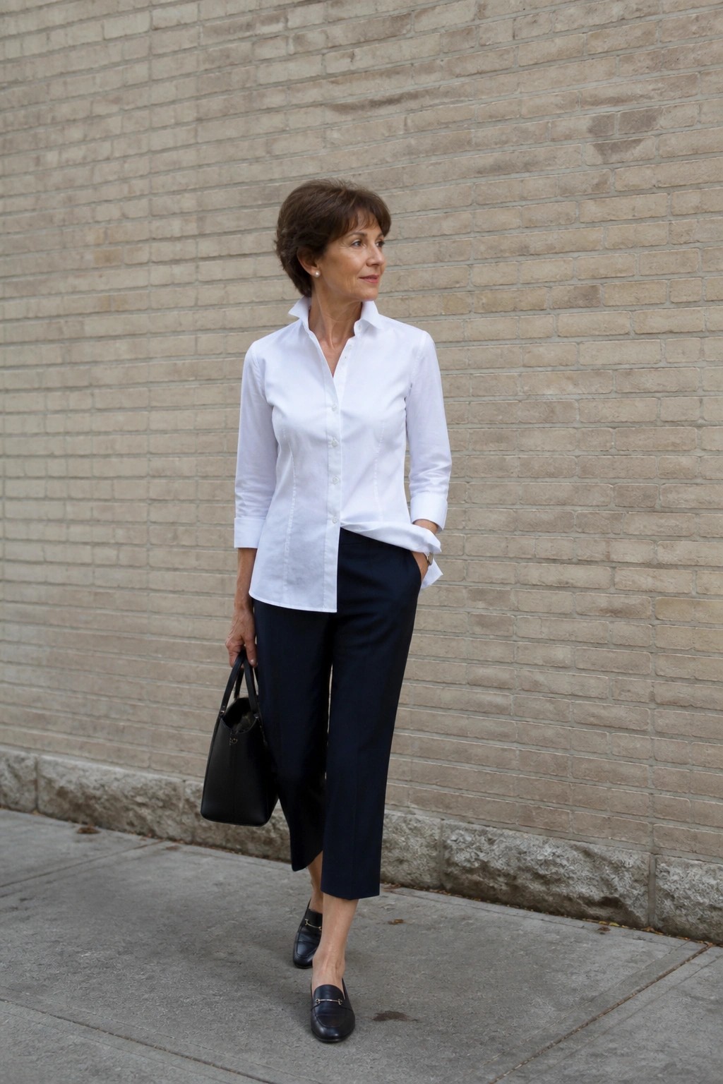 Woman in white button-up shirt and navy pants holding black handbag by brick wall