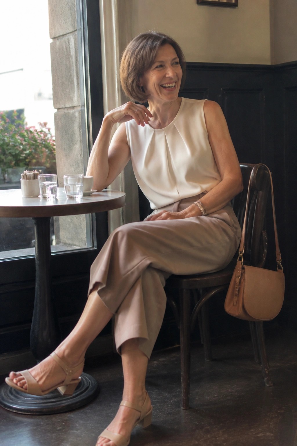 Smiling woman in white sleeveless top and beige pants at cafe table with handbag