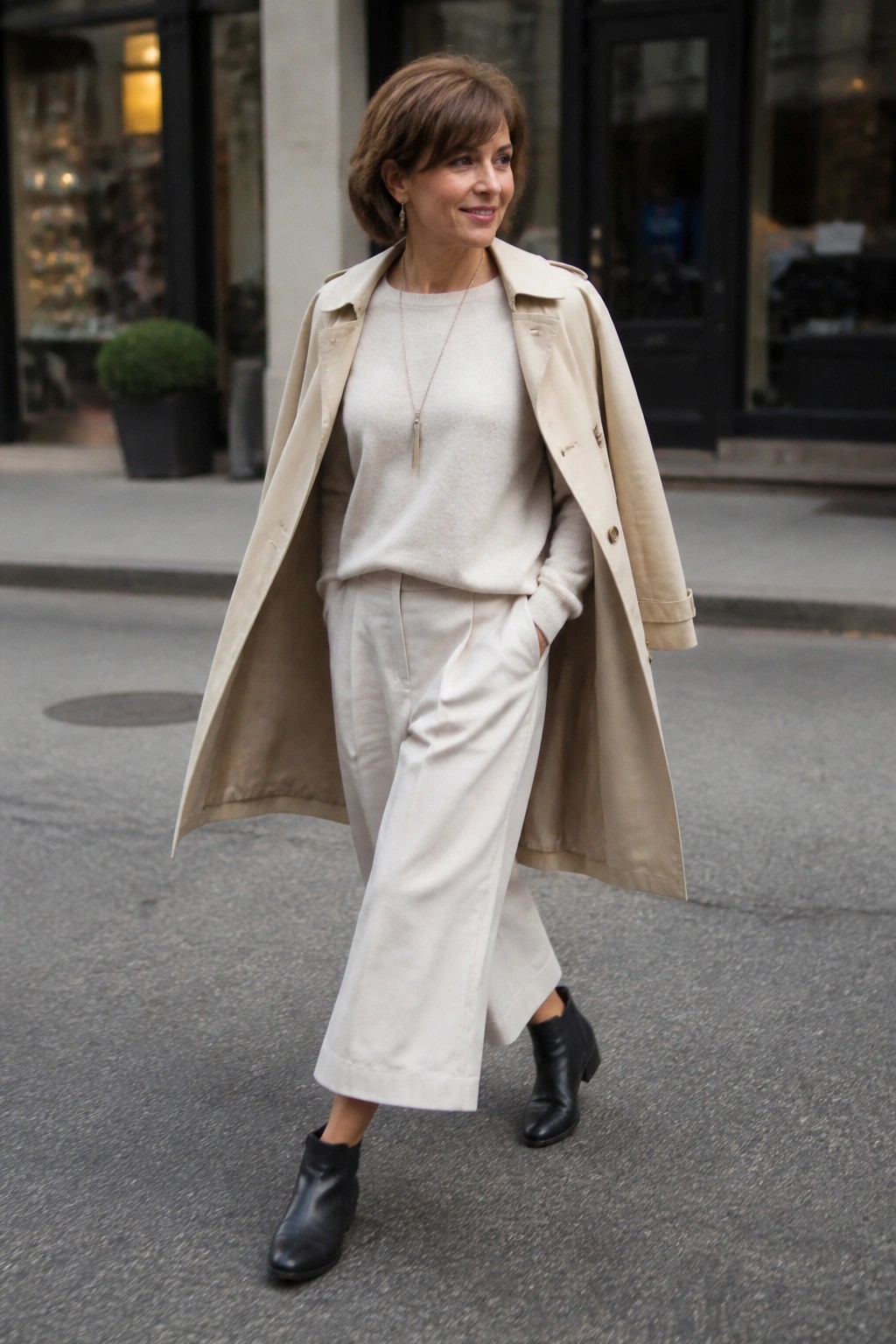Woman in beige trench coat over cream sweater and white wide-leg pants with black boots
