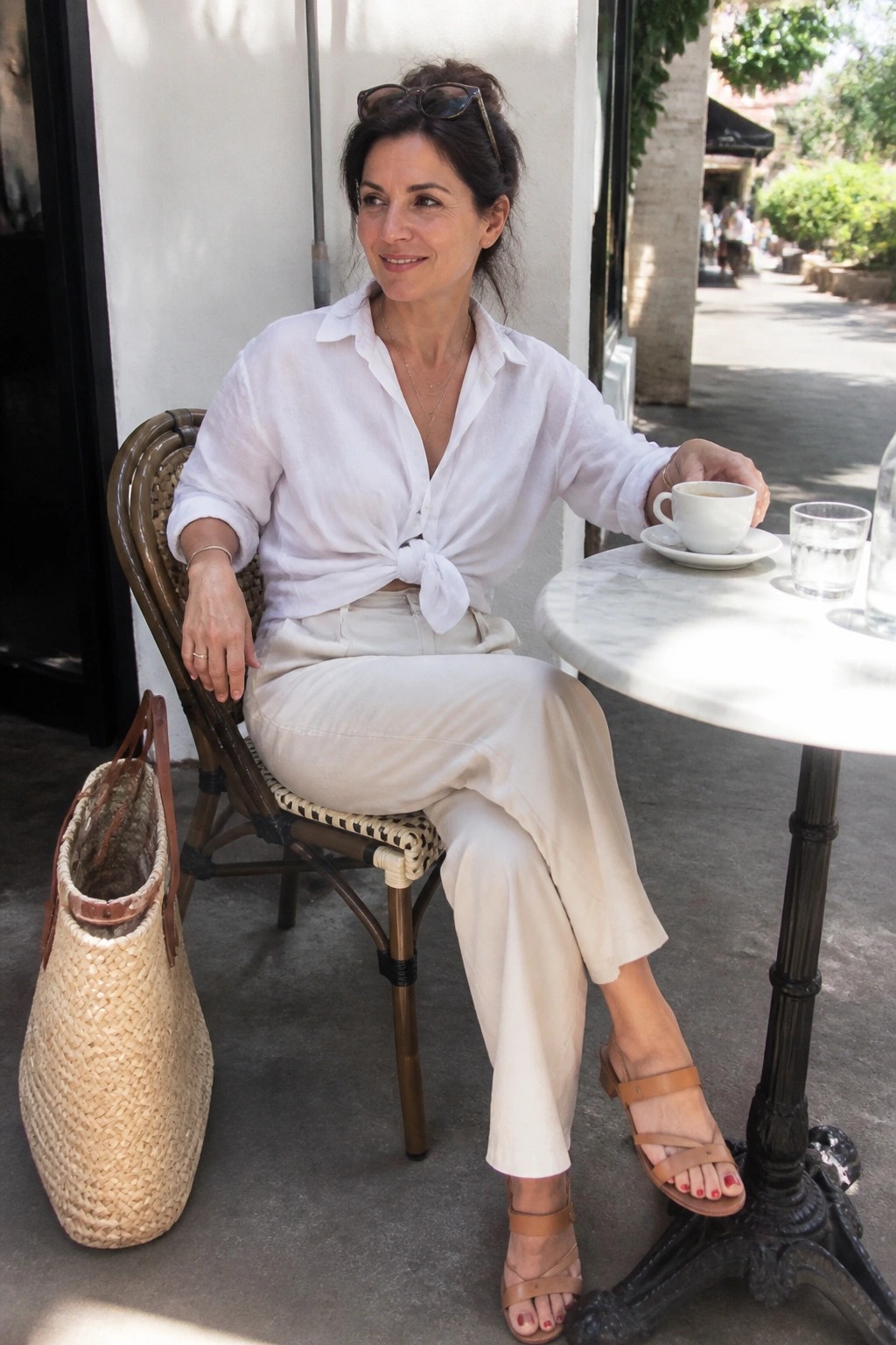Woman in white tied shirt and beige pants at outdoor cafe with coffee and straw bag