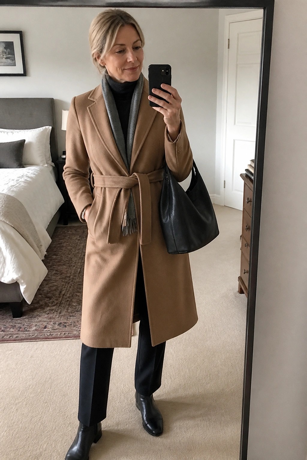 Woman in tan belted coat with gray scarf taking bedroom mirror selfie