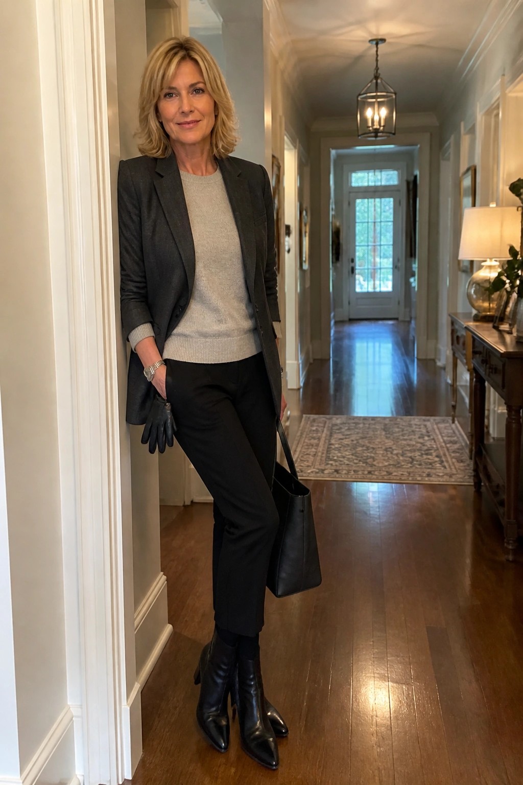 Blonde woman in gray blazer and black pants holds tote in elegant hallway