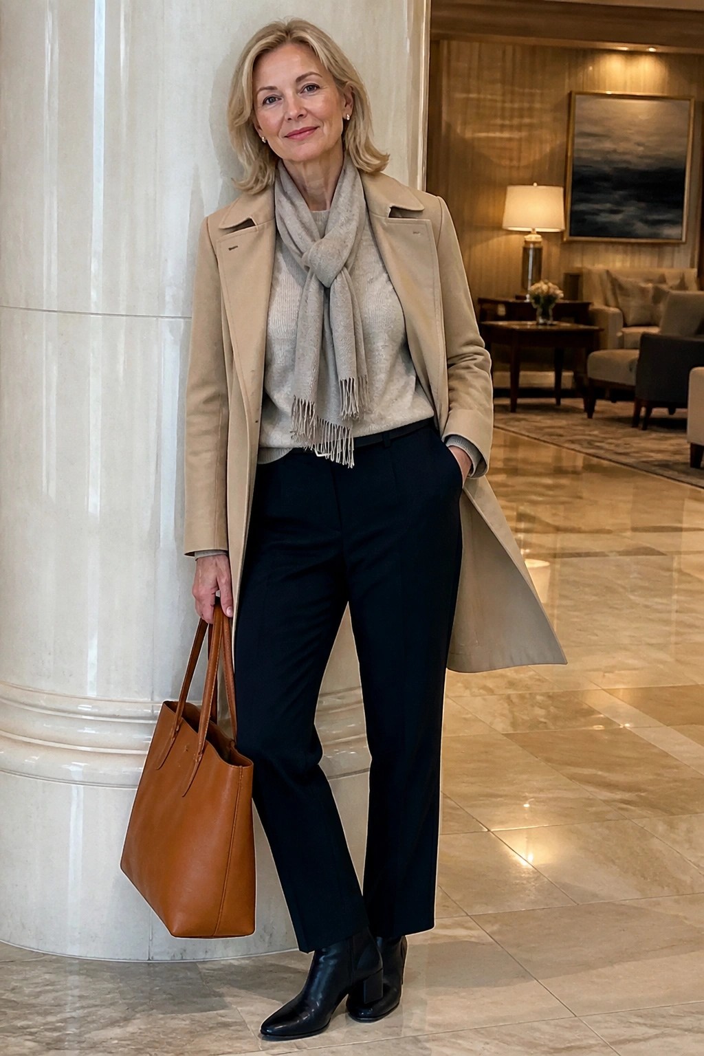 Elegant blonde woman in beige coat, gray scarf, black pants holding brown tote in lobby.
