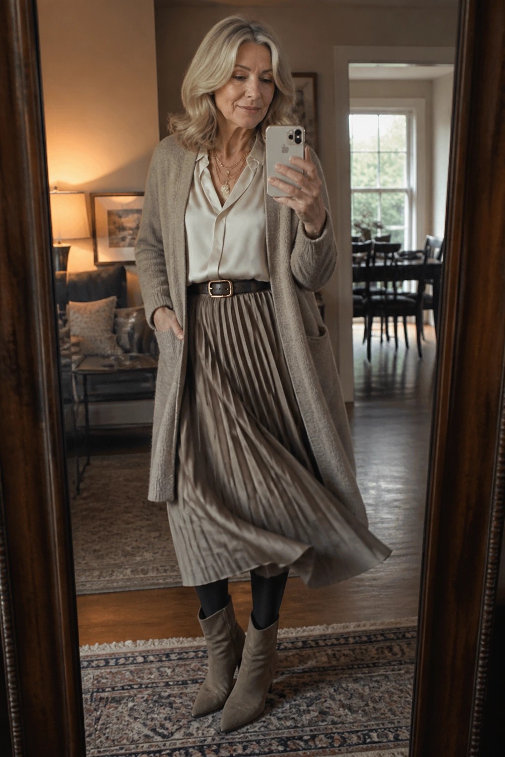 Woman in beige cardigan and pleated skirt taking mirror selfie in home