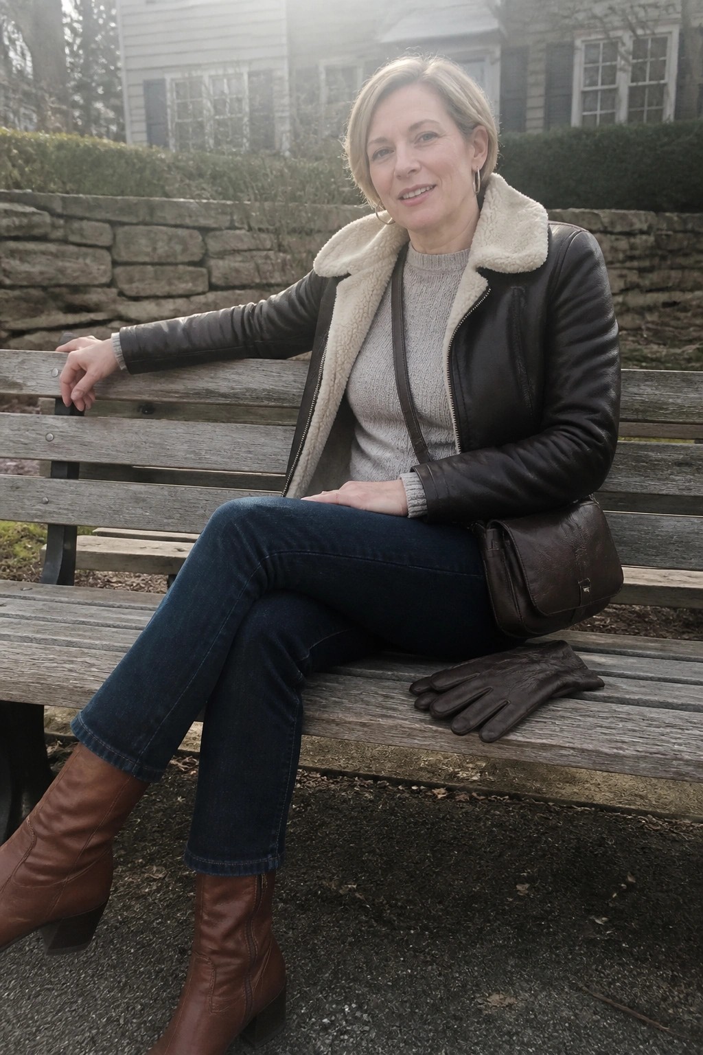 Smiling woman in brown leather shearling jacket seated on wooden bench with gloves