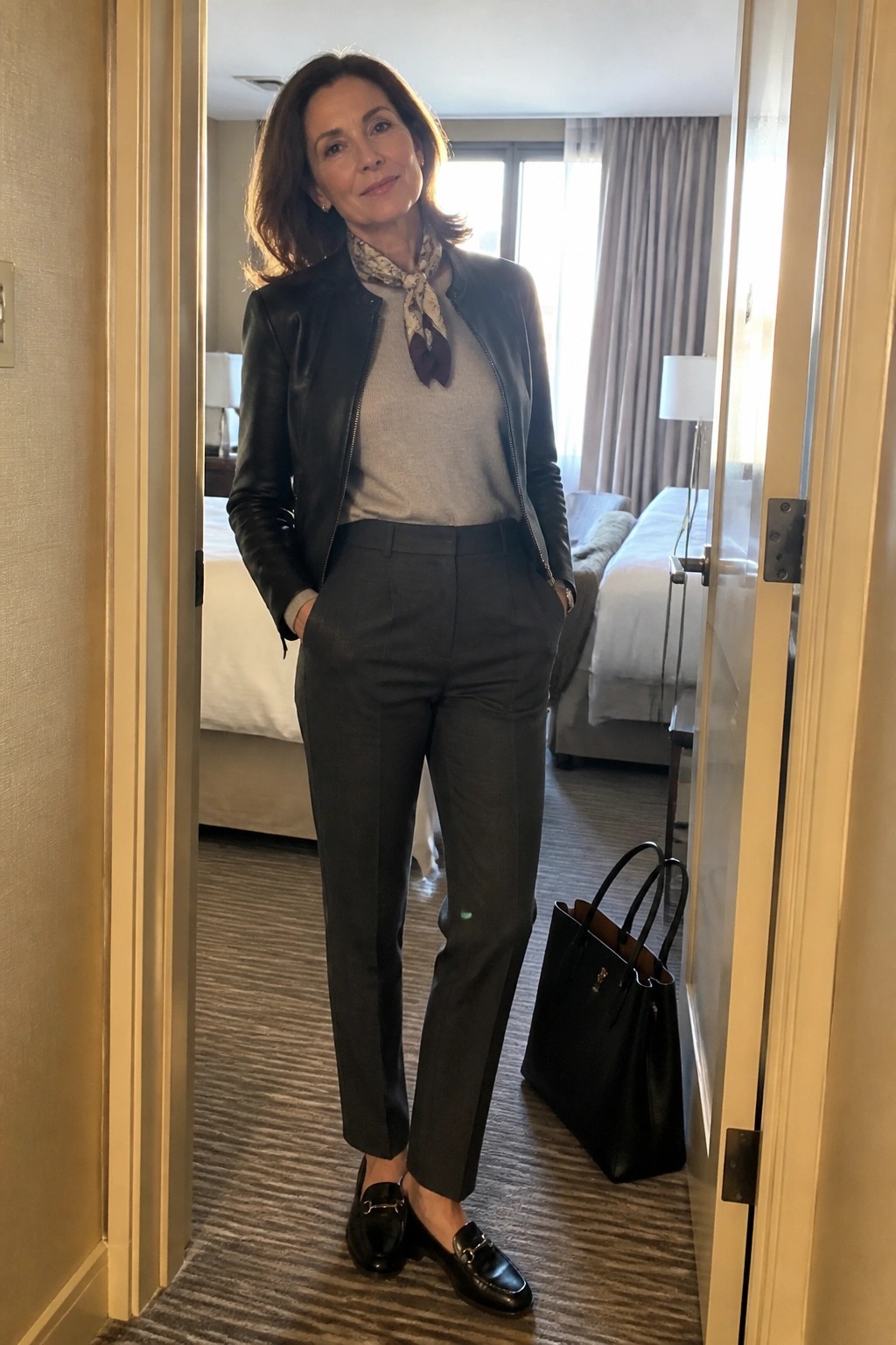 Woman in black leather jacket and gray pants standing in hotel room doorway with bag