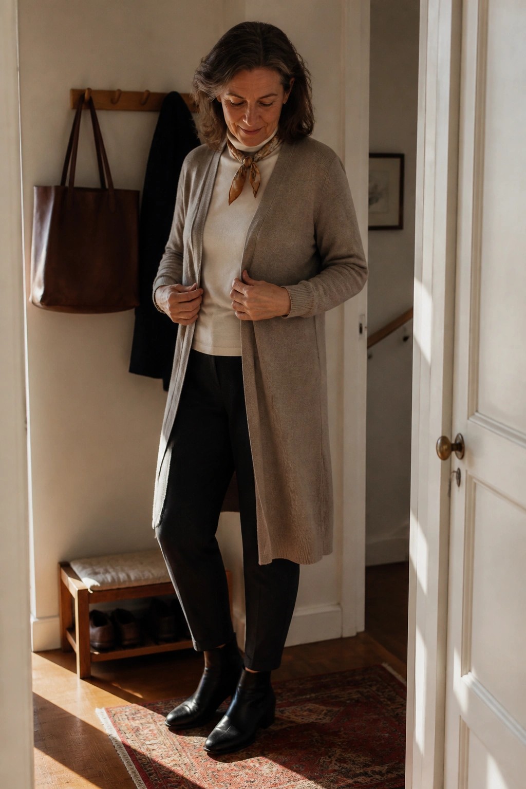 Woman in beige cardigan adjusting sweater in sunlit entryway with coat rack
