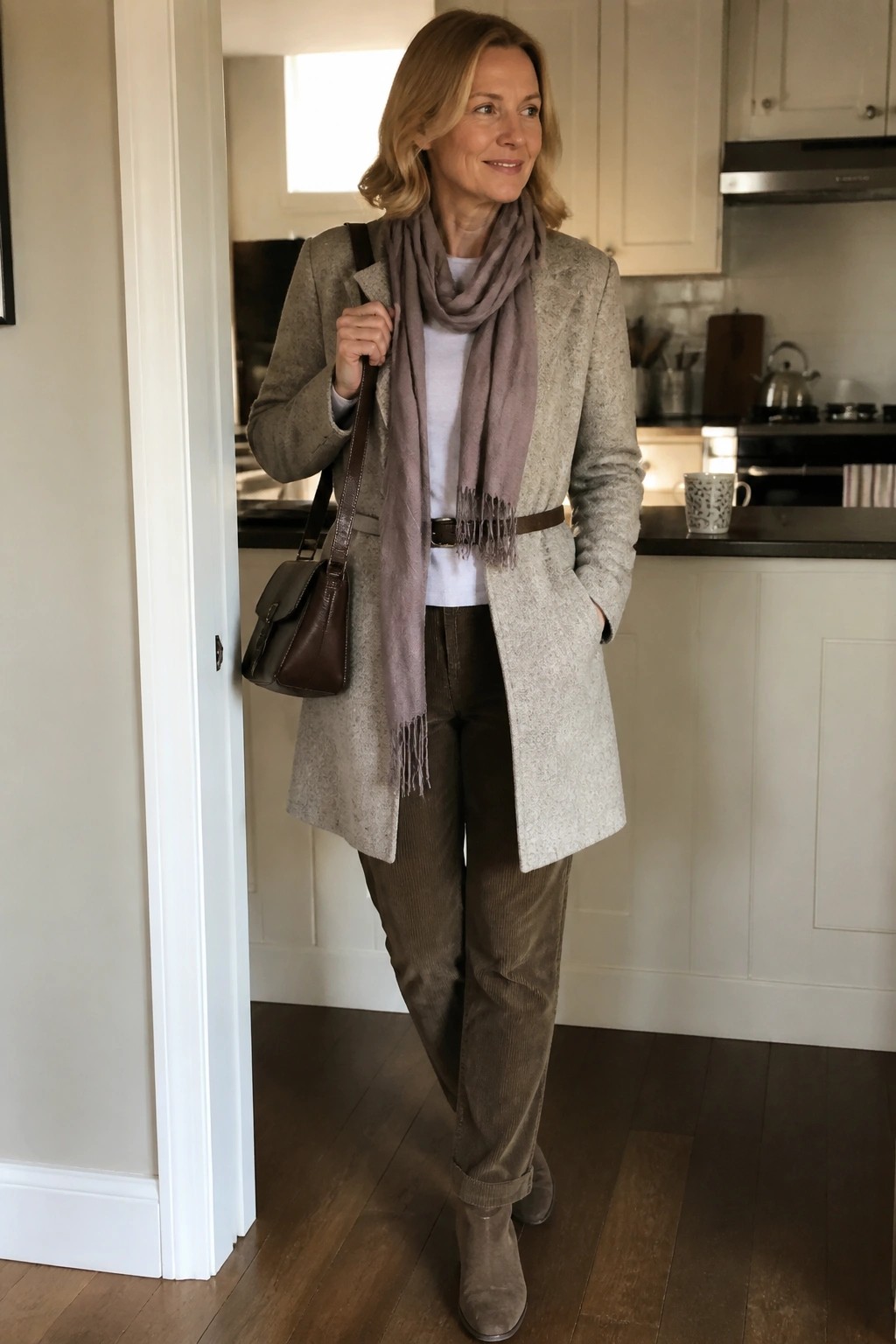 Woman over 50 in a light gray tweed coat open over a white top with a taupe scarf brown corduroy pants and a thin belt paired with taupe suede ankle boots and a brown leather crossbody bag.