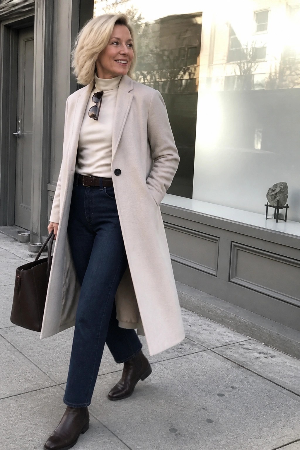 Blonde woman in beige coat over cream turtleneck with blue jeans and brown boots on sidewalk