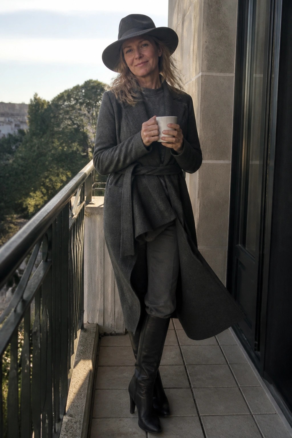 Woman in gray hat and coat holding white cup on sunny balcony