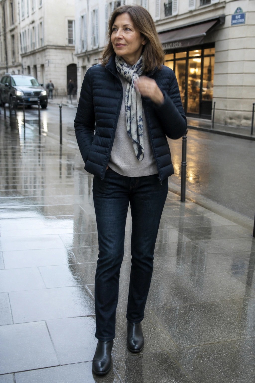 Woman in black puffer jacket and patterned scarf on wet city street