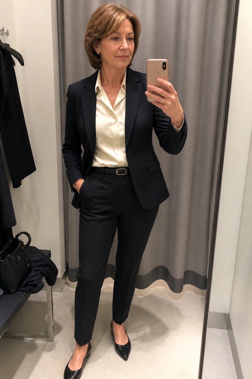 Woman in navy pantsuit and white blouse taking mirror selfie in fitting room