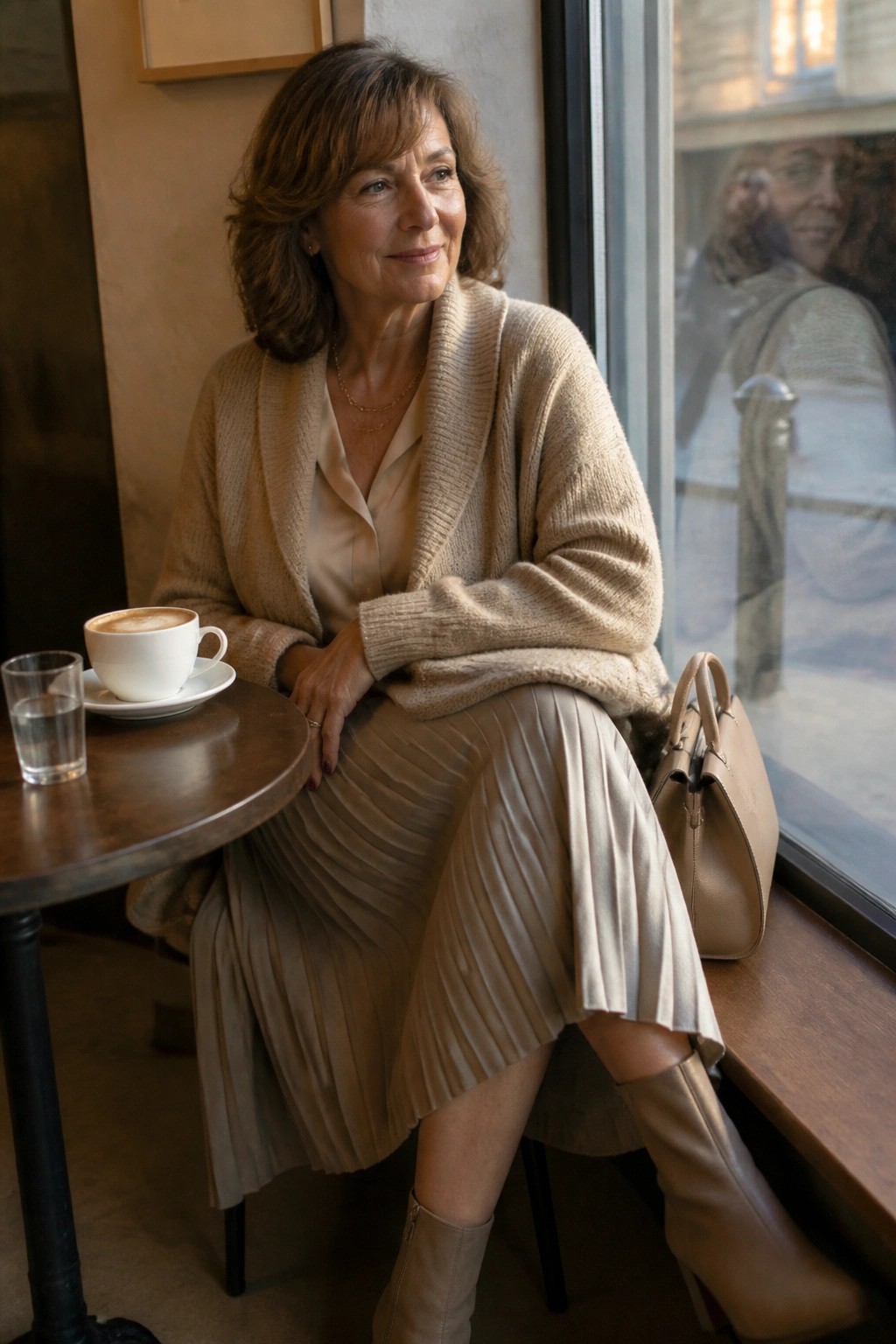 Woman in beige cardigan and pleated skirt at cafe table with coffee and handbag