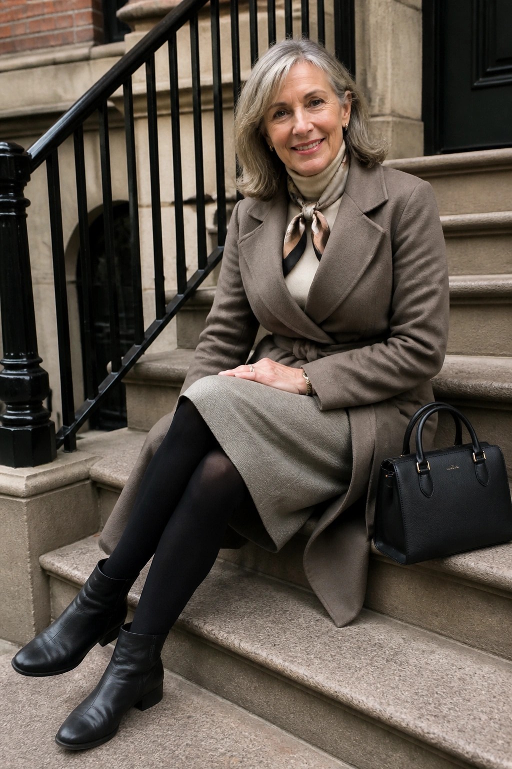 Gray-haired woman in taupe coat seated on stone steps beside black handbag