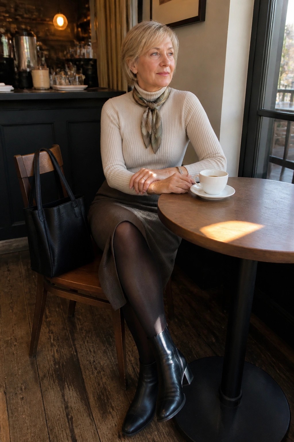 Blonde woman in beige turtleneck and scarf at cafe table with coffee and black bag.