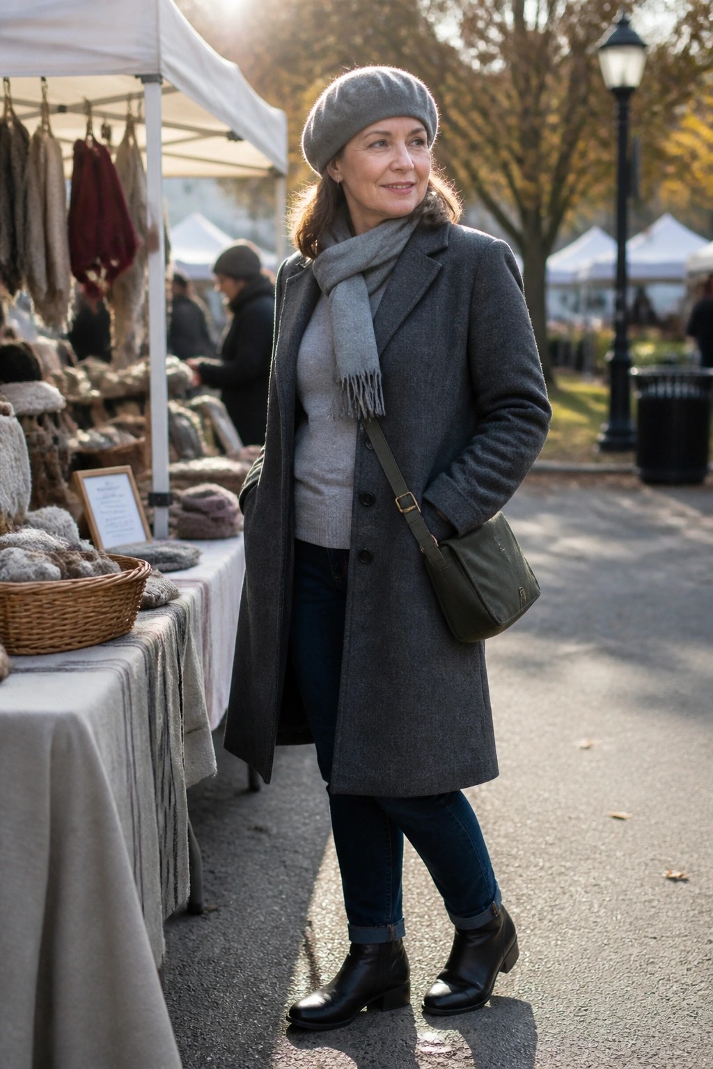 Woman in gray coat and beret at outdoor autumn wool market stall