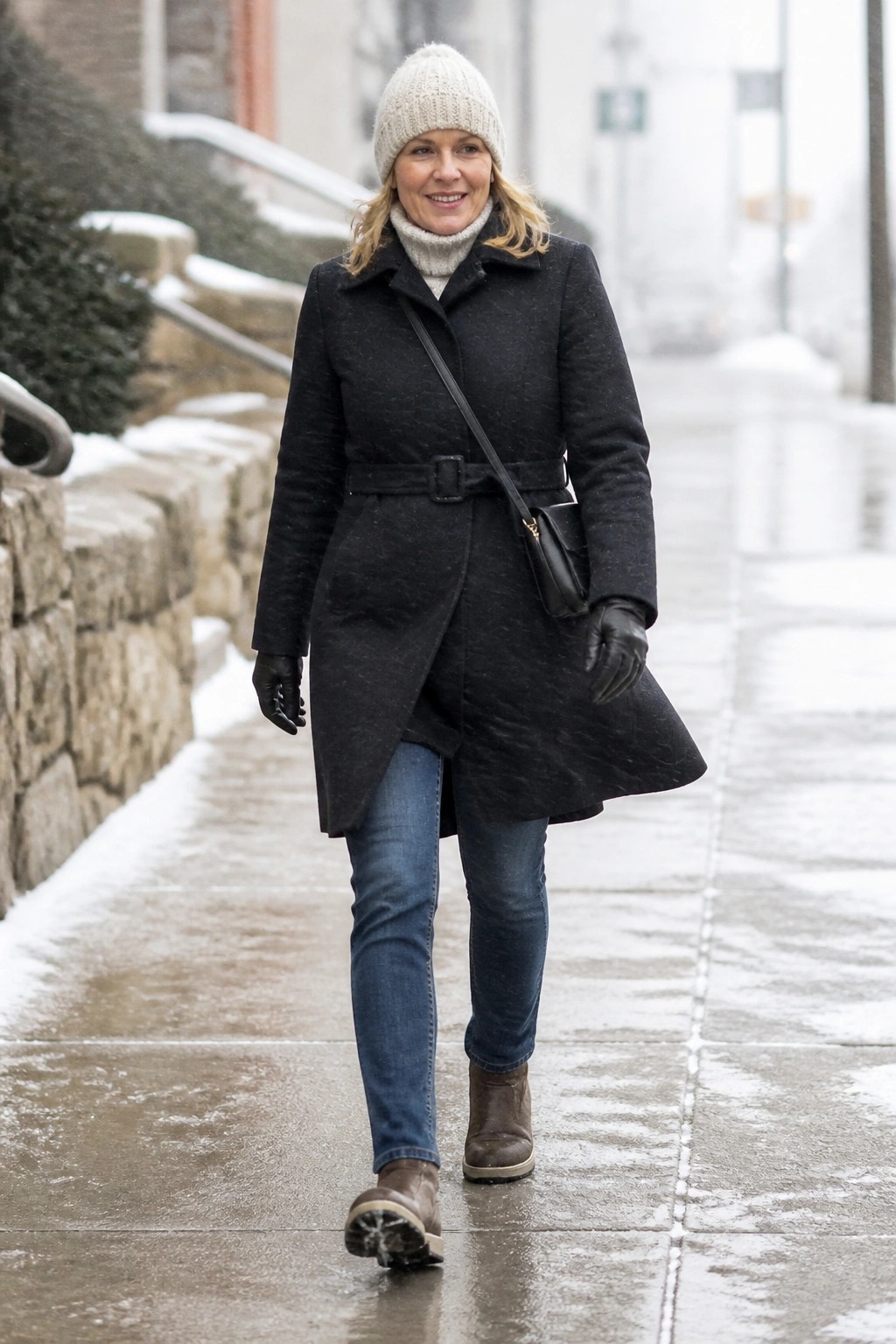 Blonde woman in black belted coat, knit hat, and jeans walks in snow.