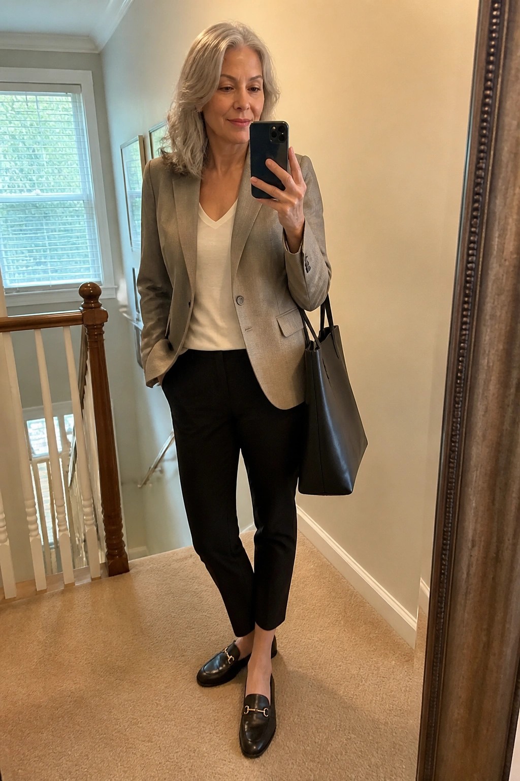 Silver-haired woman in beige blazer and black pants taking mirror selfie with phone