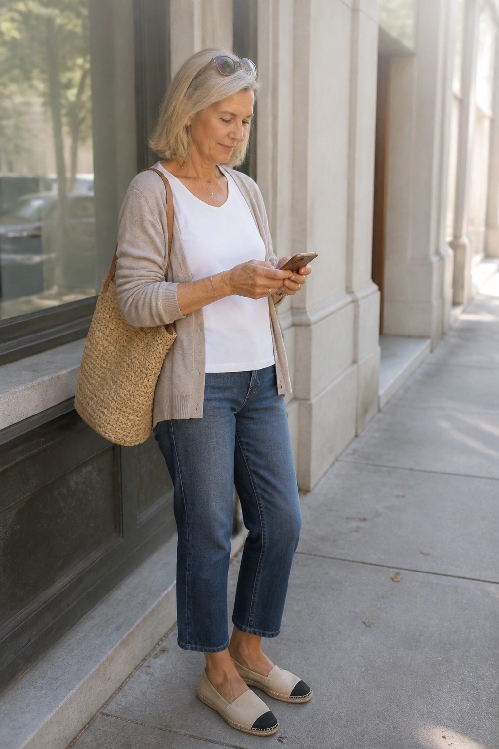 Older woman in beige cardigan and jeans views smartphone beside building with woven tote.