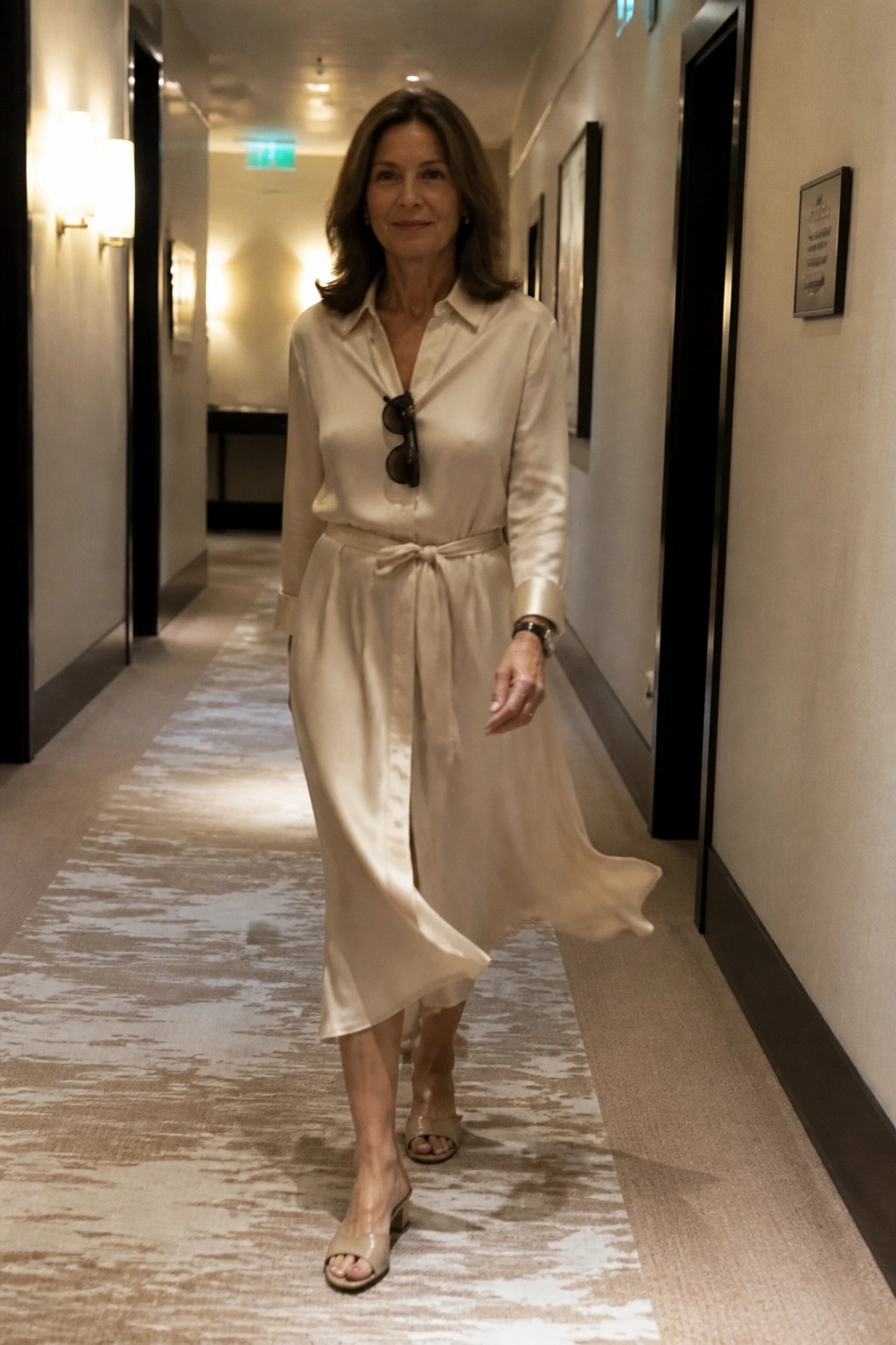 Woman in cream satin midi dress walking down patterned hotel hallway