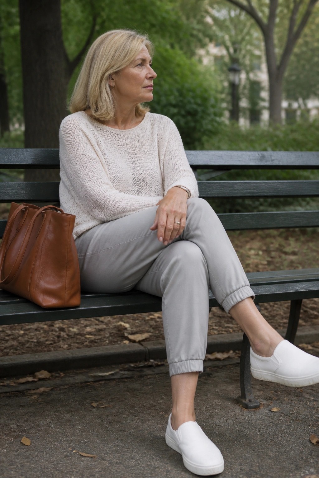 Blonde woman in cream sweater and gray pants seated on park bench with brown handbag