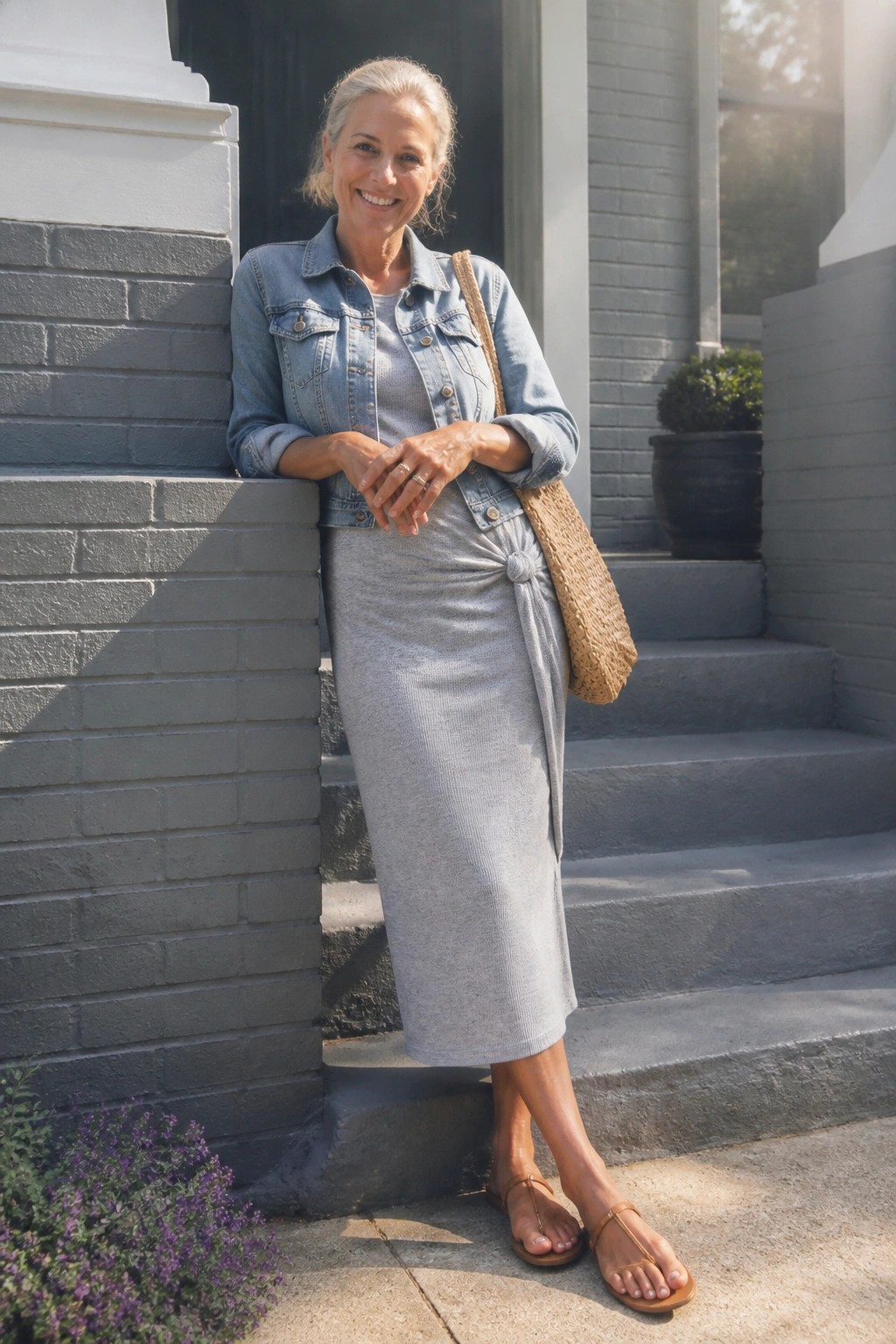 Smiling gray-haired woman in denim jacket and gray knotted midi skirt on brick steps.