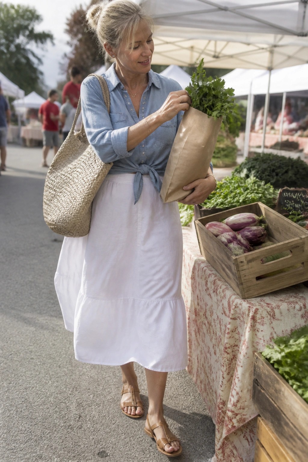 Woman in blue denim shirt and white skirt holds greens bag at market