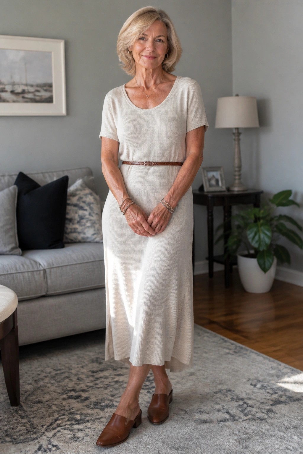Smiling blonde woman in cream knit dress standing in living room with sofa