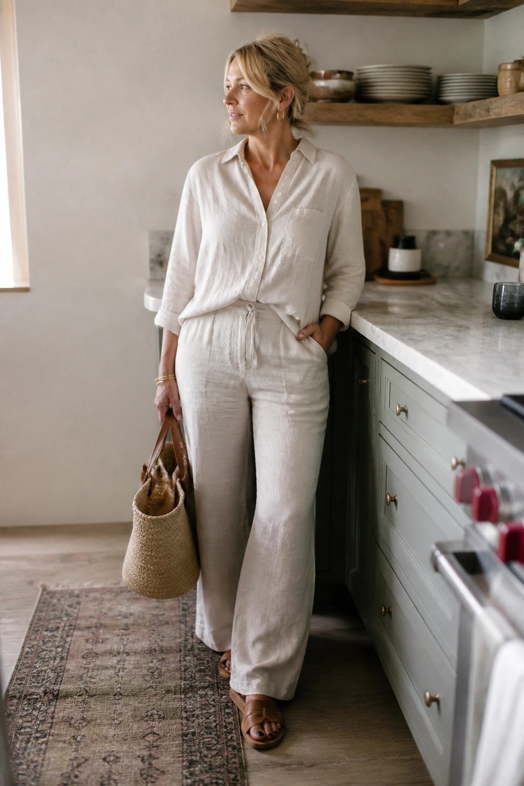 Blonde woman in white linen shirt and pants holding straw bag in kitchen