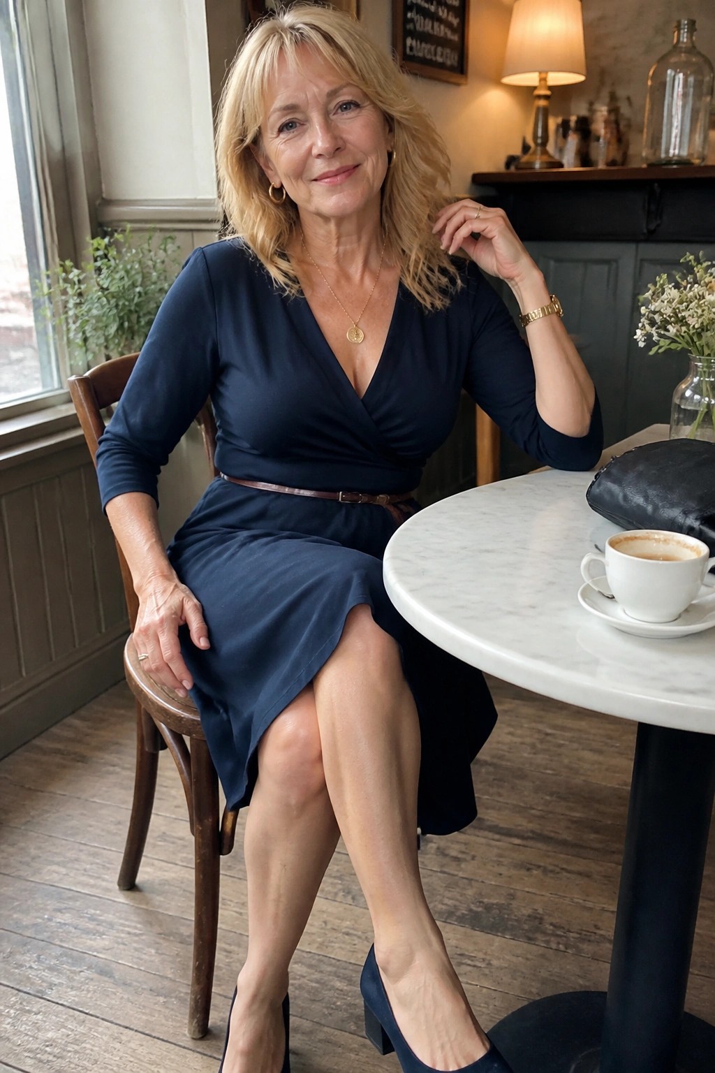 Blonde woman in navy wrap dress seated at marble cafe table with coffee