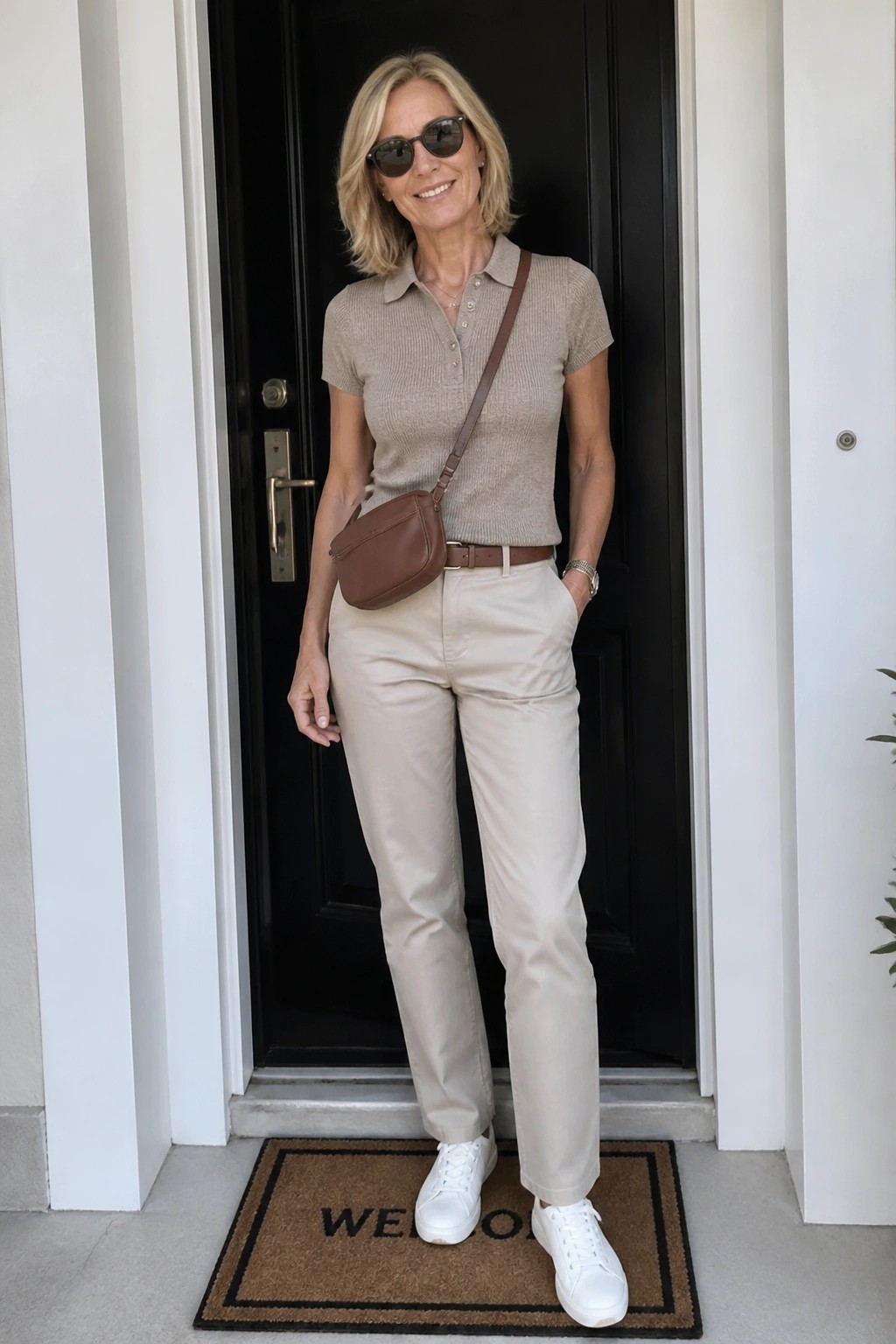 Smiling blonde woman in beige polo, pants, and white sneakers at black door.